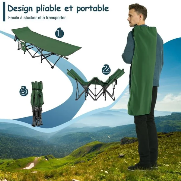 Lit de Camping Pliable Charge Jusqu'à 400 kg Lit de Voyage à Pliage Rapide avec Sac de Transport Lit de Couchage Intérieur et Extérieur Gris/Bleu/Vert