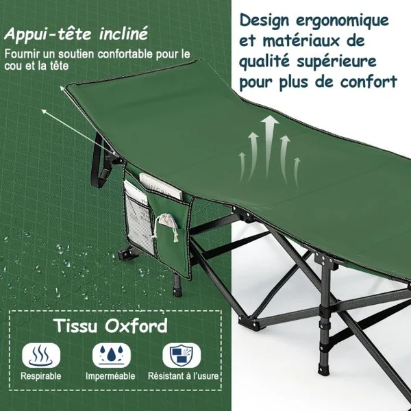 Lit de Camping Pliable Charge Jusqu'à 400 kg Lit de Voyage à Pliage Rapide avec Sac de Transport Lit de Couchage Intérieur et Extérieur Gris/Bleu/Vert