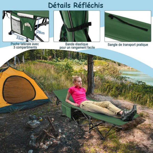Lit de Camping Pliable Charge Jusqu'à 400 kg Lit de Voyage à Pliage Rapide avec Sac de Transport Lit de Couchage Intérieur et Extérieur Gris/Bleu/Vert