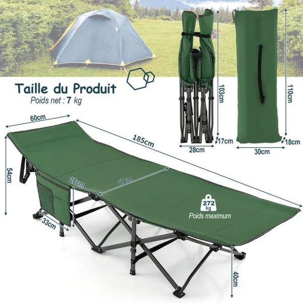 Lit de Camping Pliable Charge Jusqu'à 400 kg Lit de Voyage à Pliage Rapide avec Sac de Transport Lit de Couchage Intérieur et Extérieur Gris/Bleu/Vert