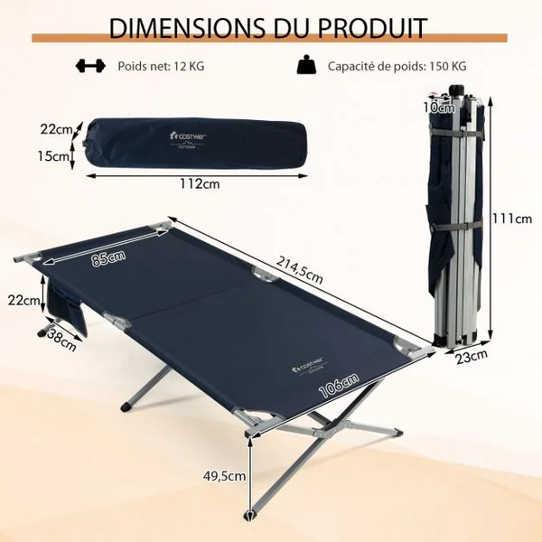 Lit de Camping Pliable de Marque Tangkula avec Sac de Transport Poche de Rangement Camping-car Plage Bureau Bleu