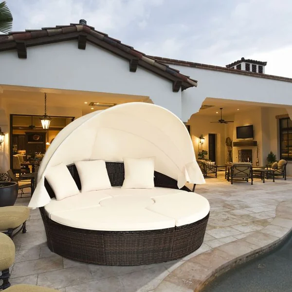 Lit de Jardin Rond d'Exterieur Table Relevable Modulable & Convertible - Pare Soleil Réglable rotin PE Coussins Inclus Beige