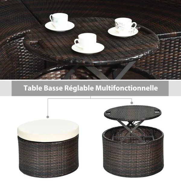 Lit de Jardin Rond d'Exterieur Table Relevable Modulable & Convertible - Pare Soleil Réglable rotin PE Coussins Inclus Beige