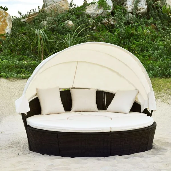 Lit de Jardin Rond d'Exterieur Table Relevable Modulable & Convertible - Pare Soleil Réglable rotin PE Coussins Inclus Beige