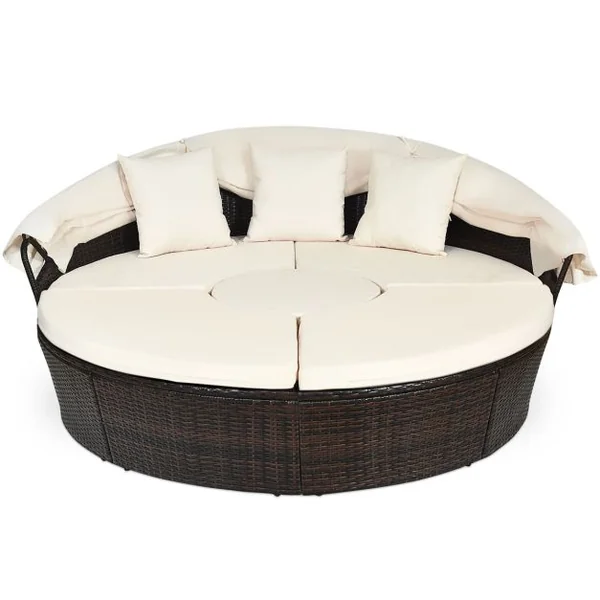Lit de Jardin Rond d'Exterieur Table Relevable Modulable & Convertible - Pare Soleil Réglable rotin PE Coussins Inclus Beige