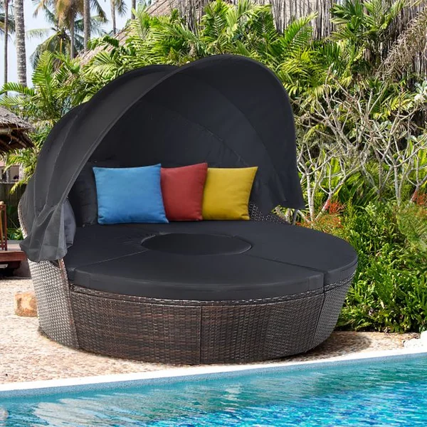 Lit de Jardin Rond d'Exterieur Table Relevable Modulable & Convertible - Pare Soleil Réglable rotin PE Coussins Inclus Noir