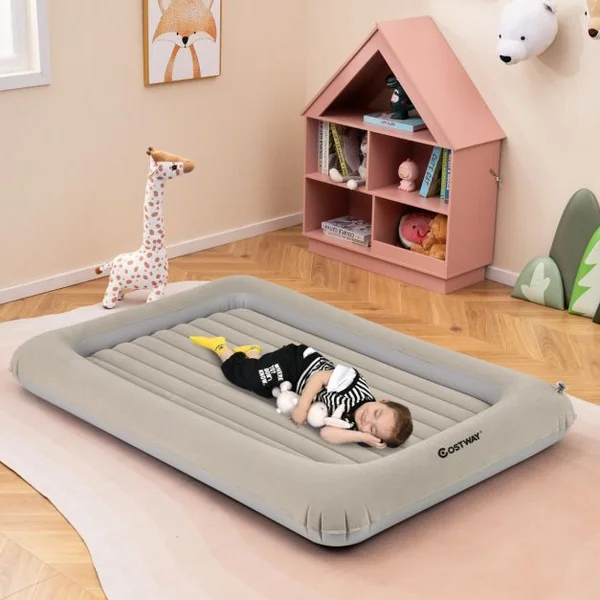 Lit de Voyage Gonflable Matelas Pneumatique Portable pour Enfants Pompe Electrique Rebords de Lit Surélevés Matelas Double Face Gris/Bleu