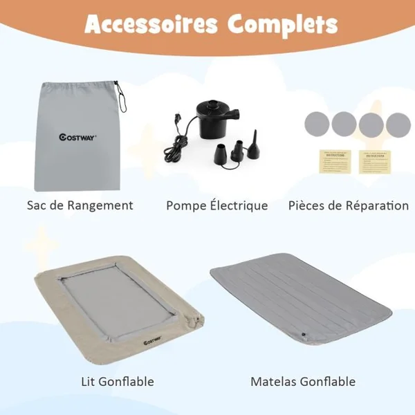 Lit de Voyage Gonflable Matelas Pneumatique Portable pour Enfants Pompe Electrique Rebords de Lit Surélevés Matelas Double Face Gris/Bleu