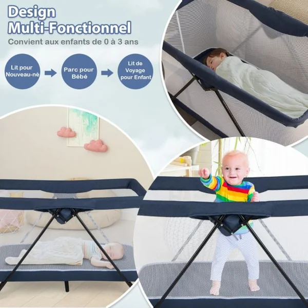 Lit de Voyage Portable Centre de Nursery Pliable Multifonctionnel avec Matelas Confortable et Housse de Matelas Lavable Parc de Jeu pour Bébé Voyageur