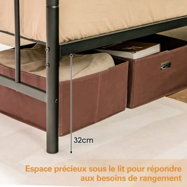 Lit Double, Cadre de Lit en Métal pour Matelas de 200 x 140 cm Fer Forgé avec 5 Pied Rangement sous le Lit sans Bruit Noir