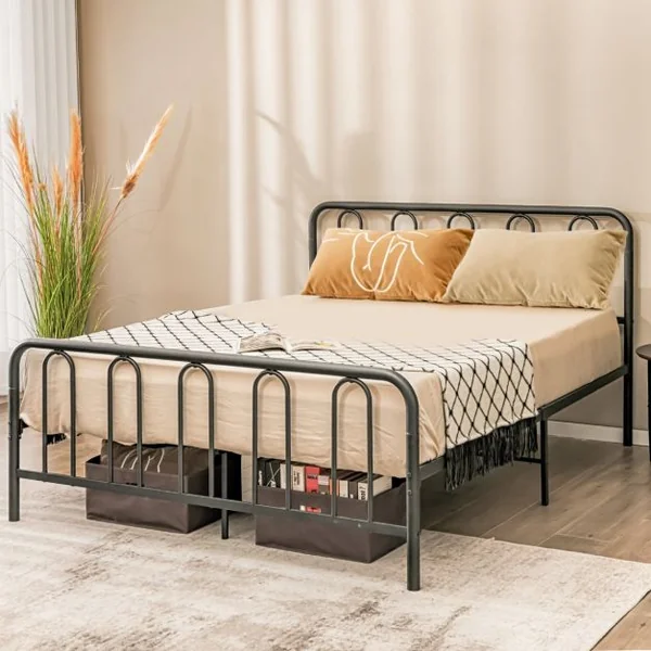 Lit Double Cadre de Lit en Métal pour Matelas de 200 x 160 cm Fer Forgé avec 5 Pied Rangement sous le Lit sans Bruit Noir