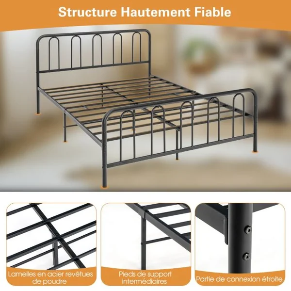 Lit Double Cadre de Lit en Métal pour Matelas de 200 x 160 cm Fer Forgé avec 5 Pied Rangement sous le Lit sans Bruit Noir