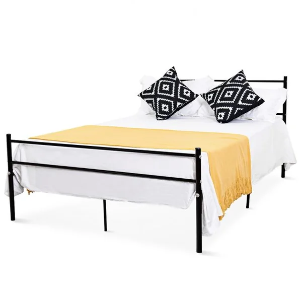Lit Double Cadre de Lit et Sommier à Lattes Robuste Style Industriel Capacité 200 Kg en Métal196x142x91cm Noir
