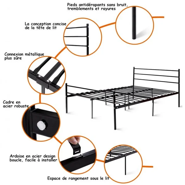 Lit Double Cadre de Lit et Sommier à Lattes Robuste Style Industriel Capacité 200 Kg en Métal196x142x91cm Noir