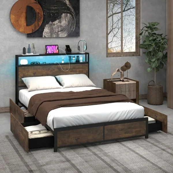 Lit Double Industriel pour Adulte avec 4 Tiroirs et Tête de Lit Lumineuse LED Cadre de Lit avec Prise de Courant