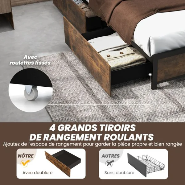 Lit Double Industriel pour Adulte avec 4 Tiroirs et Tête de Lit Lumineuse LED Cadre de Lit avec Prise de Courant