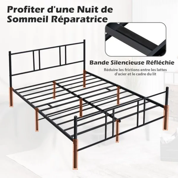 Lit Double pour Adulte - Cadre de Lit en Métal - 140 x 200 CM - 9 pieds de Support - pas de Sommier Nécessaire - sans Bruit