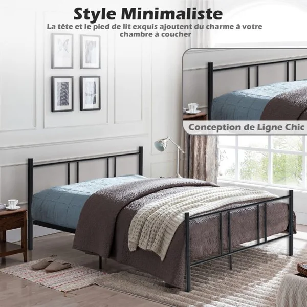 Lit Double pour Adulte - Cadre de Lit en Métal - 140 x 200 CM - 9 pieds de Support - pas de Sommier Nécessaire - sans Bruit