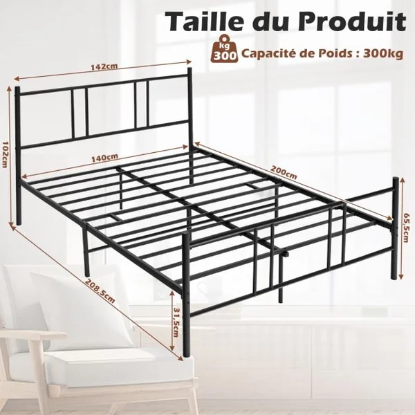 Lit Double pour Adulte - Cadre de Lit en Métal - 140 x 200 CM - 9 pieds de Support - pas de Sommier Nécessaire - sans Bruit