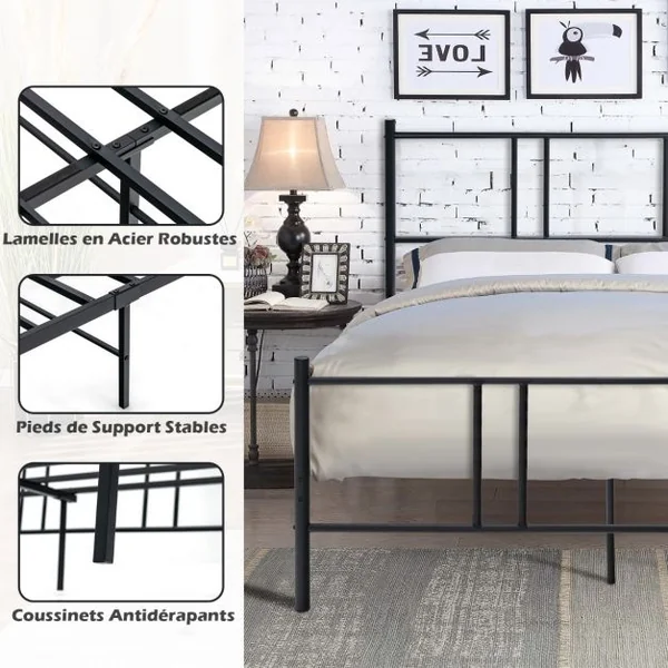 Lit Double pour Adulte - Cadre de Lit en Métal - 160 x 200 CM - 9 pieds de Support - pas de Sommier Nécessaire - sans Bruit