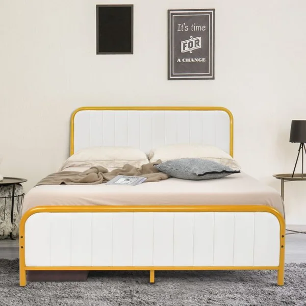 Lit Double pour Adulte en Métal Charge 300KG Cadre/Structure de Lit avec Tête de Lit Moelleuse en Daim et Tampons Silencieux Doré