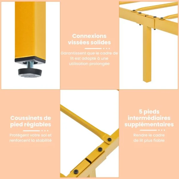 Lit Double pour Adulte en Métal Charge 300KG Cadre/Structure de Lit avec Tête de Lit Moelleuse en Daim et Tampons Silencieux Doré