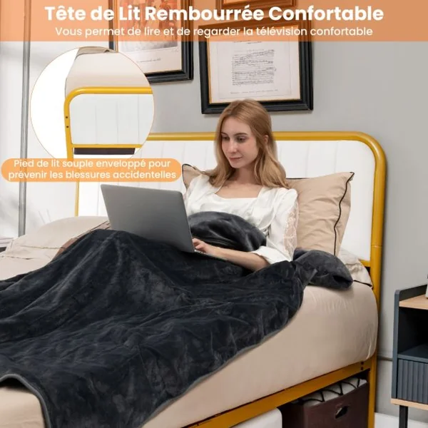 Lit Double pour Adulte en Métal Charge 300KG Cadre/Structure de Lit avec Tête de Lit Moelleuse en Daim et Tampons Silencieux Doré