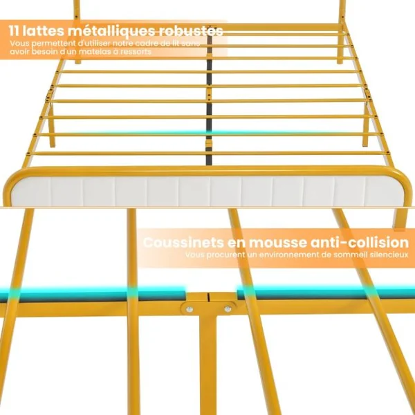 Lit Double pour Adulte en Métal Charge 300KG Cadre/Structure de Lit avec Tête de Lit Moelleuse en Daim et Tampons Silencieux Doré