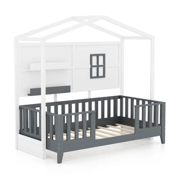 Lit en Forme de Maison en Bois pour Enfants avec Fenêtre 2 Etagères et Garde-Corps Lit de Jeu à Lattes Lit 1 Place Blanc et Gris