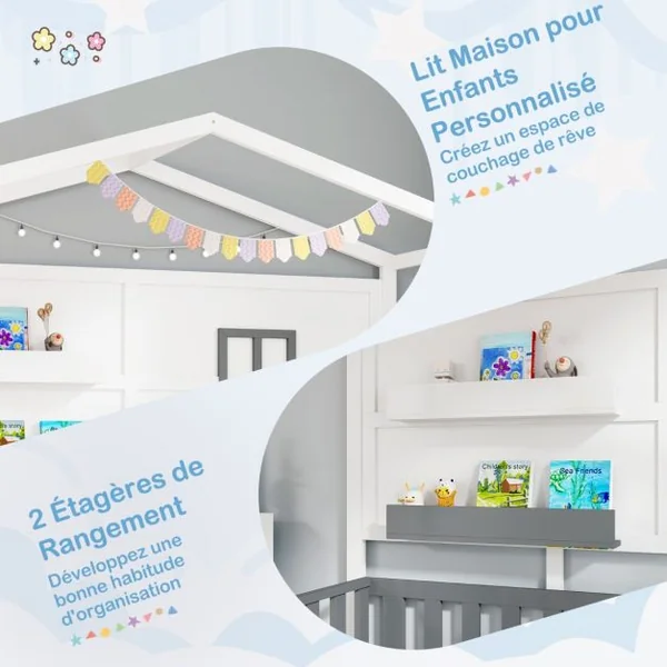 Lit en Forme de Maison en Bois pour Enfants avec Fenêtre 2 Etagères et Garde-Corps Lit de Jeu à Lattes Lit 1 Place Blanc et Gris