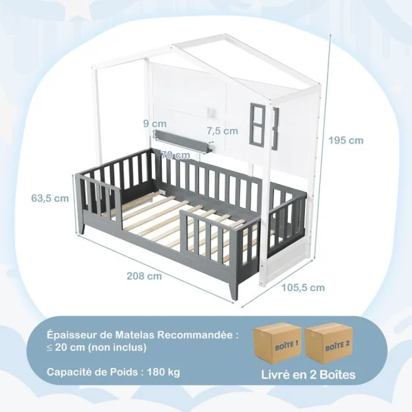 Lit en Forme de Maison en Bois pour Enfants avec Fenêtre 2 Etagères et Garde-Corps Lit de Jeu à Lattes Lit 1 Place Blanc et Gris