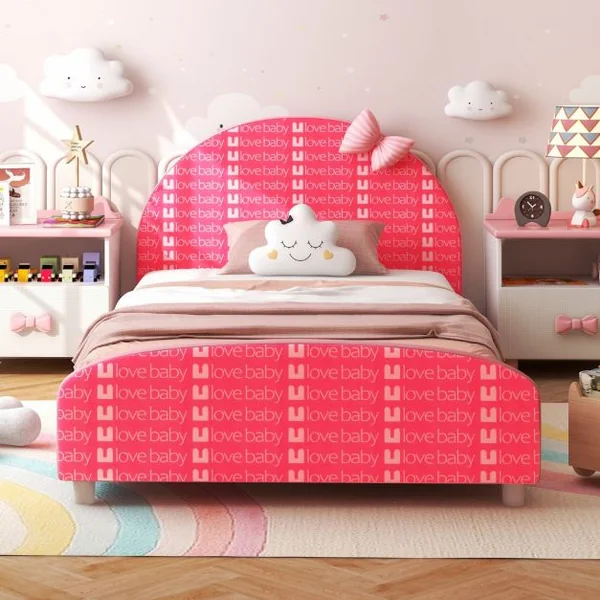 Lit Enfant avec 4 Pieds Réglables Cadre de Lit Moderne avec Motifs Nœud Tête de Lit Douce pour Jouer Lire Dormir Charge 80KG 152 x 77 x 70 cm Rose