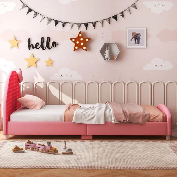 Lit Enfant avec 4 Pieds Réglables Cadre de Lit Moderne avec Motifs Nœud Tête de Lit Douce pour Jouer Lire Dormir Charge 80KG 152 x 77 x 70 cm Rose