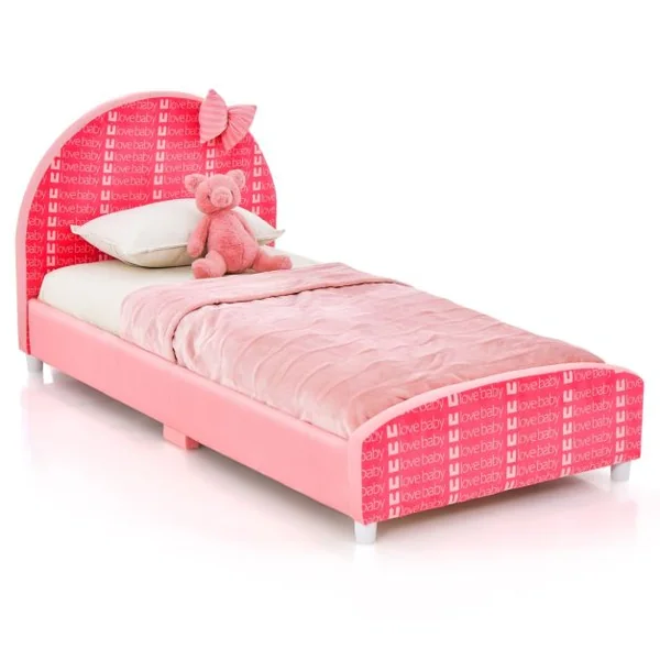 Lit Enfant avec 4 Pieds Réglables Cadre de Lit Moderne avec Motifs Nœud Tête de Lit Douce pour Jouer Lire Dormir Charge 80KG 152 x 77 x 70 cm Rose