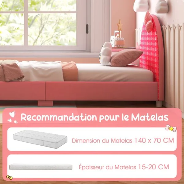Lit Enfant avec 4 Pieds Réglables Cadre de Lit Moderne avec Motifs Nœud Tête de Lit Douce pour Jouer Lire Dormir Charge 80KG 152 x 77 x 70 cm Rose