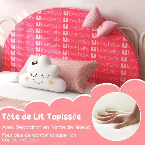 Lit Enfant avec 4 Pieds Réglables Cadre de Lit Moderne avec Motifs Nœud Tête de Lit Douce pour Jouer Lire Dormir Charge 80KG 152 x 77 x 70 cm Rose