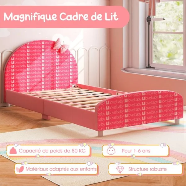 Lit Enfant avec 4 Pieds Réglables Cadre de Lit Moderne avec Motifs Nœud Tête de Lit Douce pour Jouer Lire Dormir Charge 80KG 152 x 77 x 70 cm Rose
