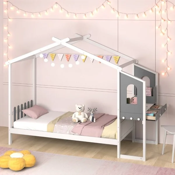 Lit Maison Simple/Double avec Bureau Lit Plateforme en Bois avec Tête de Lit en Forme de Clôture et toit Capacité de charge 150 kg / 320 kg 200x90cm/201x141cm Blanc & Gris