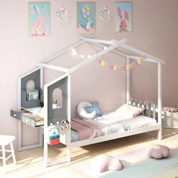 Lit Maison Simple/Double avec Bureau Lit Plateforme en Bois avec Tête de Lit en Forme de Clôture et toit Capacité de charge 150 kg / 320 kg 200x90cm/201x141cm Blanc & Gris