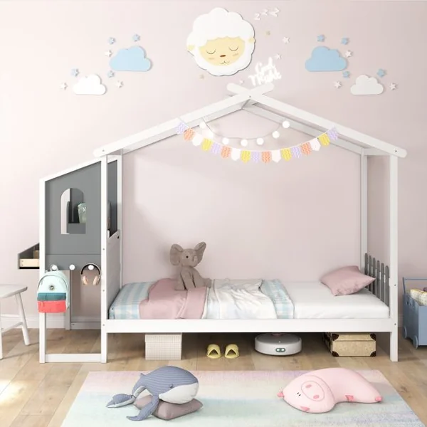 Lit Maison Simple/Double avec Bureau Lit Plateforme en Bois avec Tête de Lit en Forme de Clôture et toit Capacité de charge 150 kg / 320 kg 200x90cm/201x141cm Blanc & Gris