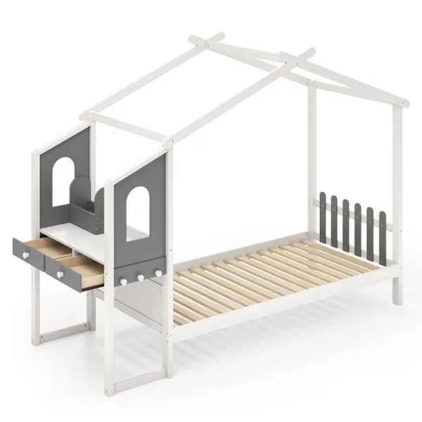 Lit Maison Simple/Double avec Bureau Lit Plateforme en Bois avec Tête de Lit en Forme de Clôture et toit Capacité de charge 150 kg / 320 kg 200x90cm/201x141cm Blanc & Gris
