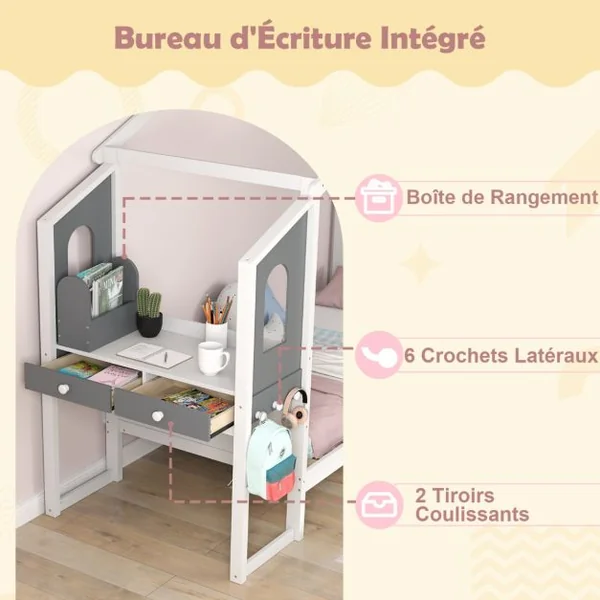 Lit Maison Simple/Double avec Bureau Lit Plateforme en Bois avec Tête de Lit en Forme de Clôture et toit Capacité de charge 150 kg / 320 kg 200x90cm/201x141cm Blanc & Gris