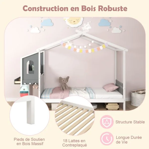 Lit Maison Simple/Double avec Bureau Lit Plateforme en Bois avec Tête de Lit en Forme de Clôture et toit Capacité de charge 150 kg / 320 kg 200x90cm/201x141cm Blanc & Gris