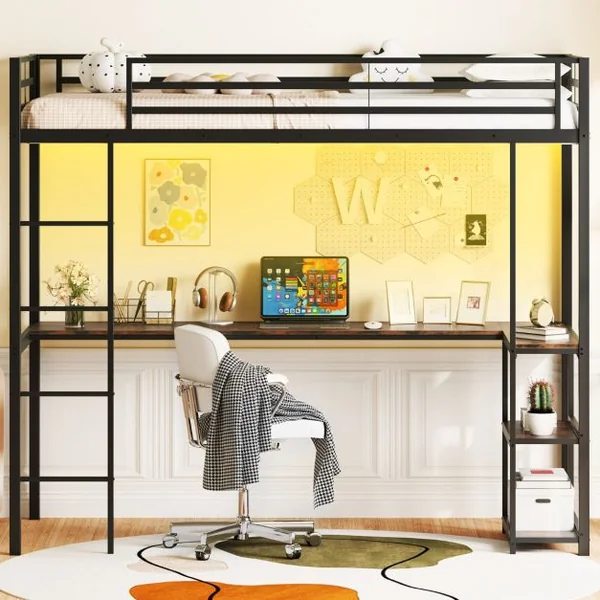 Lit Mezzanine 200 x 90 cm avec Bureau Lit Surélevé avec LED Station de Charge et Rangement & Garde-corps de Sécurité et Échelle Noir/Argent