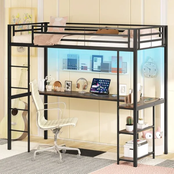 Lit Mezzanine 200 x 90 cm avec Bureau Lit Surélevé avec LED Station de Charge et Rangement & Garde-corps de Sécurité et Échelle Noir/Argent