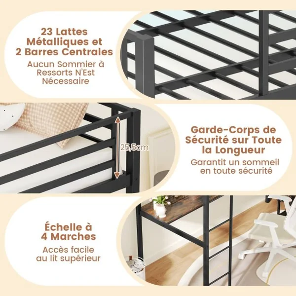 Lit Mezzanine 200 x 90 cm avec Bureau Lit Surélevé avec LED Station de Charge et Rangement & Garde-corps de Sécurité et Échelle Noir/Argent