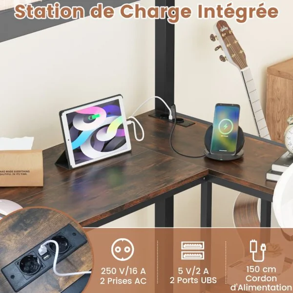 Lit Mezzanine 200 x 90 cm avec Bureau Lit Surélevé avec LED Station de Charge et Rangement & Garde-corps de Sécurité et Échelle Noir/Argent