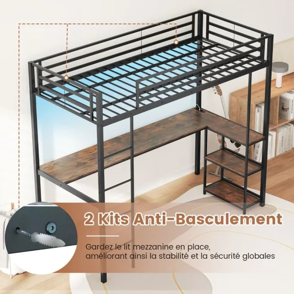 Lit Mezzanine 200 x 90 cm avec Bureau Lit Surélevé avec LED Station de Charge et Rangement & Garde-corps de Sécurité et Échelle Noir/Argent