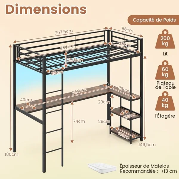 Lit Mezzanine 200 x 90 cm avec Bureau Lit Surélevé avec LED Station de Charge et Rangement & Garde-corps de Sécurité et Échelle Noir/Argent