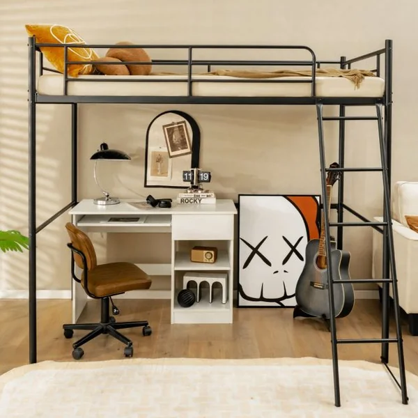 Lit Mezzanine en Métal Lit Mezzanine en Acier avec Échelle Lit Surélevé pour Adolescents et Adultes 206x95x180,5CM Noir